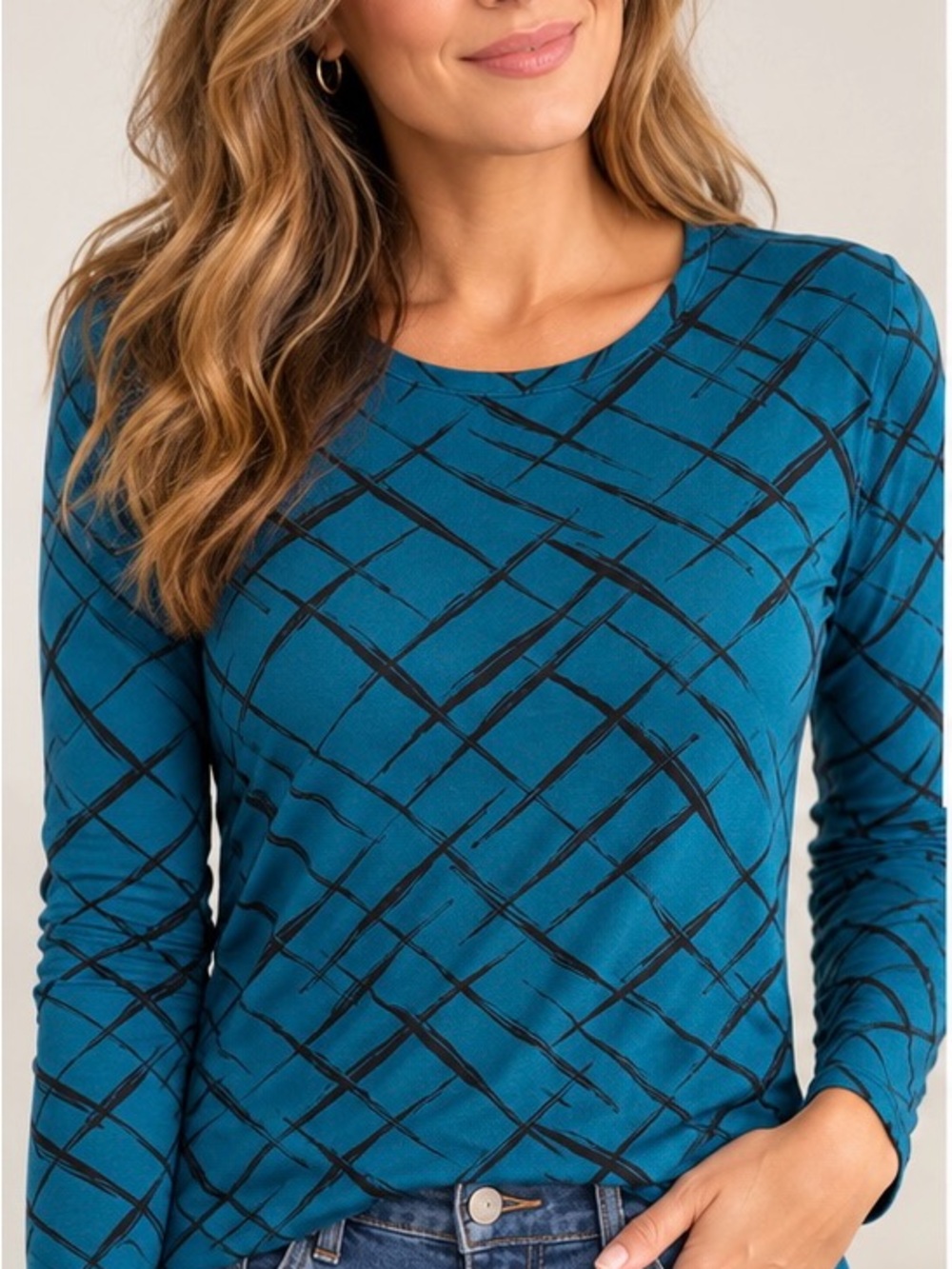 Chico’s Teal Blue Abstract Plaid Long Sleeve Stretch Top Size 1 M